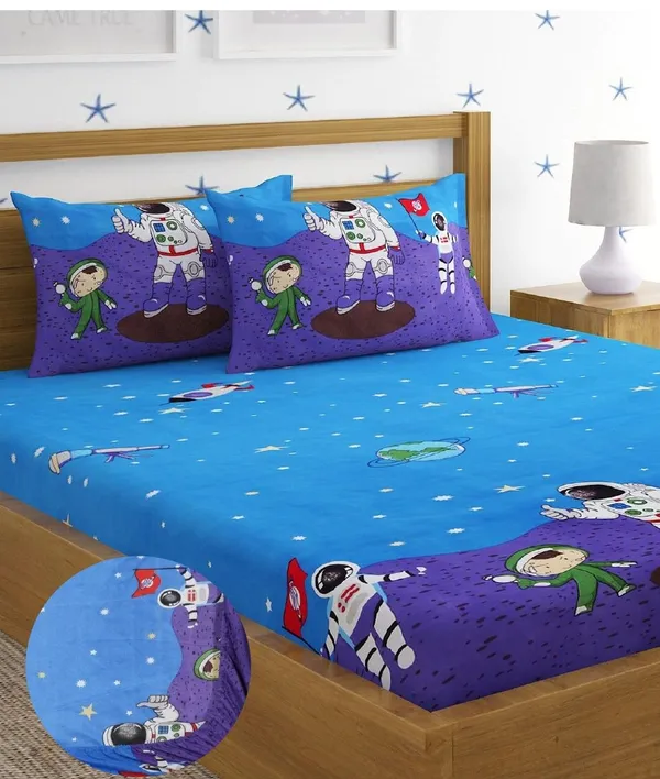 144_TC_Microfibre_Kid's_Space_Elastic_Fitted_Double_Bedsheet_(72X78_inch)_with_2_King_Size_Pillow_Covers,_FIt_for_Mattress:_72"X75"_&_72"78"