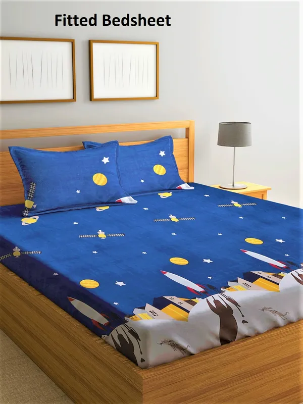 144_TC_Microfibre_Kid's_Galaxy_Elastic_Fitted_Double_Bedsheet_(72X78_inch)_with_2_King_Size_Pillow_Covers,_FIt_for_Mattress:_72"X75"_&_72"78"