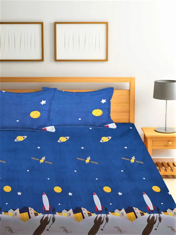 144_TC_Microfibre_Kid's_Galaxy_Elastic_Fitted_Double_Bedsheet_(72X78_inch)_with_2_King_Size_Pillow_Covers,_FIt_for_Mattress:_72"X75"_&_72"78"