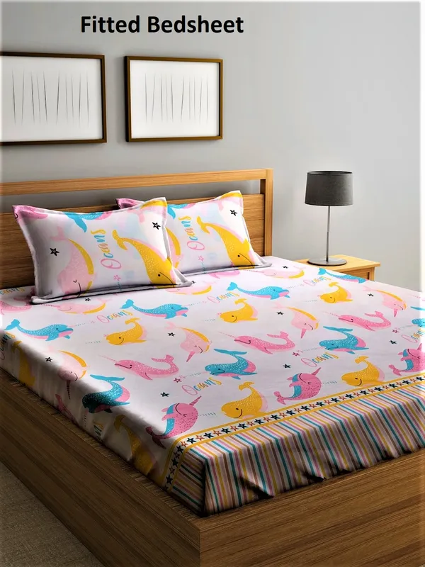 _144_TC_Microfibre_Kid's_Dolphin_Elastic_Fitted_Double_Bedsheet_(72X78_inch)_with_2_King_Size_Pillow_Covers,_FIt_for_Mattress:_72"X75"_&_72"78"