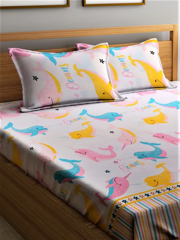 _144_TC_Microfibre_Kid's_Dolphin_Elastic_Fitted_Double_Bedsheet_(72X78_inch)_with_2_King_Size_Pillow_Covers,_FIt_for_Mattress:_72"X75"_&_72"78"
