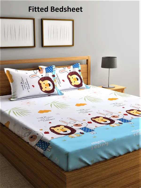 _144_TC_Microfibre_Kid's_Lion_&_Cat_Elastic_Fitted_Double_Bedsheet_(72X78_inch)_with_2_King_Size_Pillow_Covers,_FIt_for_Mattress:_72"X75"_&_72"78"