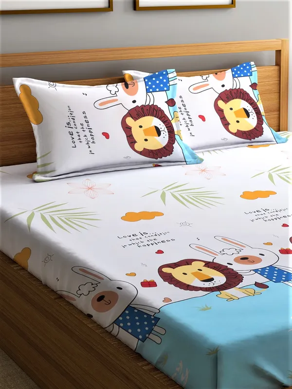 _144_TC_Microfibre_Kid's_Lion_&_Cat_Elastic_Fitted_Double_Bedsheet_(72X78_inch)_with_2_King_Size_Pillow_Covers,_FIt_for_Mattress:_72"X75"_&_72"78"