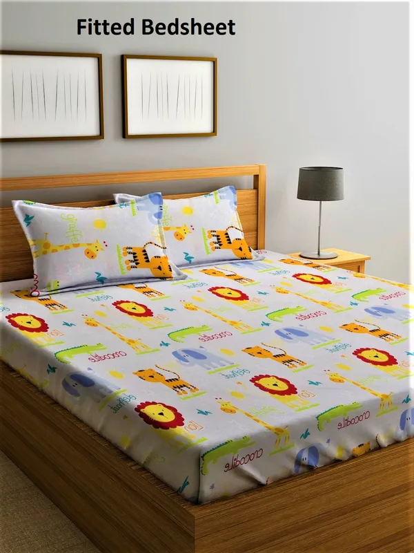 _144_TC_Microfibre_Kid's_Animal_Character's_Elastic_Fitted_Double_Bedsheet_(72X78_inch)_with_2_King_Size_Pillow_Covers,_FIt_for_Mattress:_72"X75"_&_72"78"