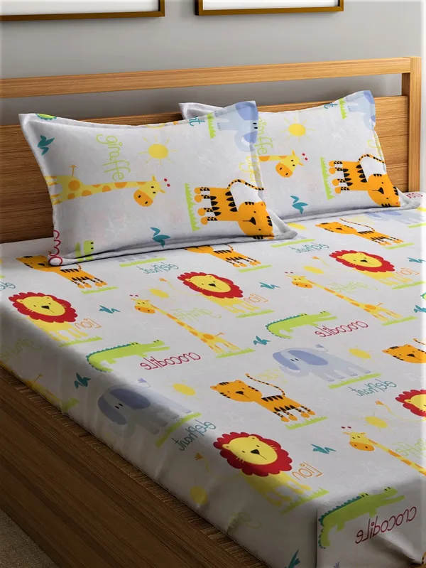 _144_TC_Microfibre_Kid's_Animal_Character's_Elastic_Fitted_Double_Bedsheet_(72X78_inch)_with_2_King_Size_Pillow_Covers,_FIt_for_Mattress:_72"X75"_&_72"78"
