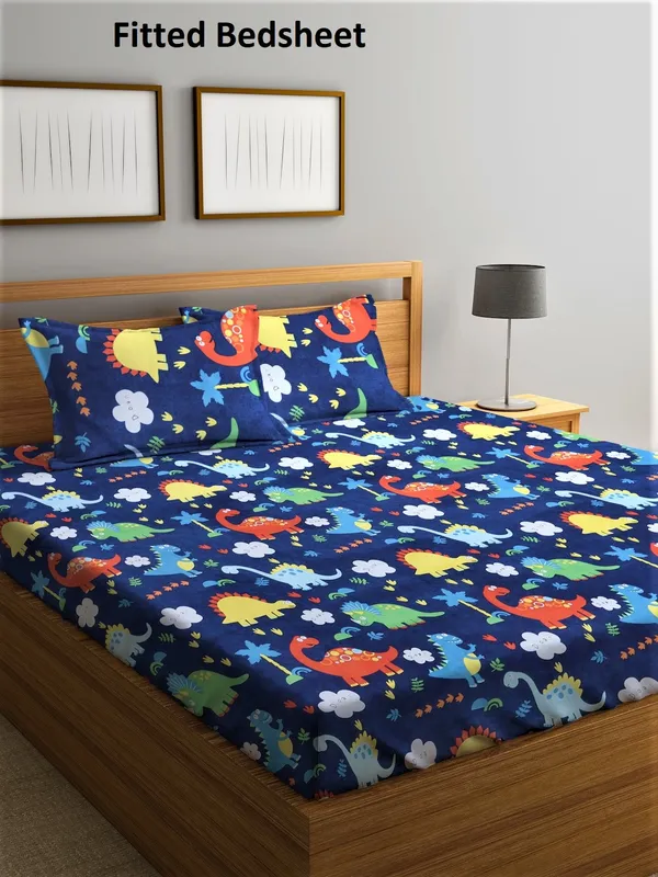 _144_TC_Microfibre_Kid's_Jungle_Elastic_Fitted_Double_Bedsheet_(72X78_inch)_with_2_King_Size_Pillow_Covers,_FIt_for_Mattress:_72"X75"_&_72"78"