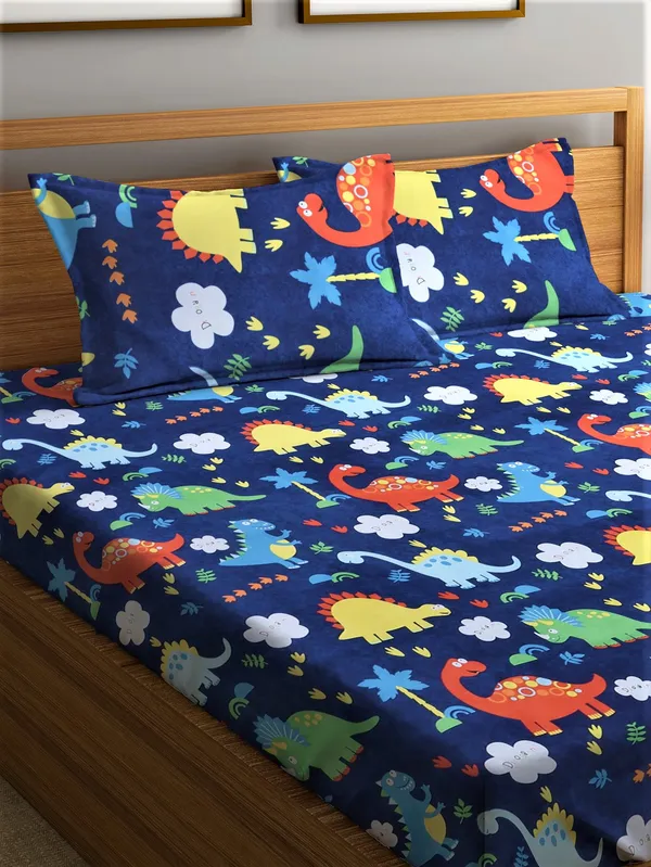 _144_TC_Microfibre_Kid's_Jungle_Elastic_Fitted_Double_Bedsheet_(72X78_inch)_with_2_King_Size_Pillow_Covers,_FIt_for_Mattress:_72"X75"_&_72"78"