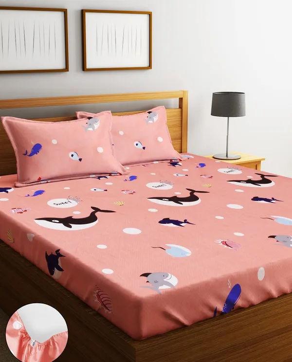 _144TC_Kid's_Aquarium_Elastic_Fitted_Double_Bedsheet_with_2_King_Size_Pillow_Covers,_Fit_for_Mattress:_72"X75"_&_72"X78"