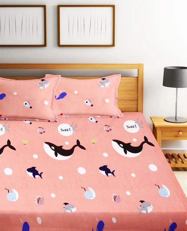 _144TC_Kid's_Aquarium_Elastic_Fitted_Double_Bedsheet_with_2_King_Size_Pillow_Covers,_Fit_for_Mattress:_72"X75"_&_72"X78"
