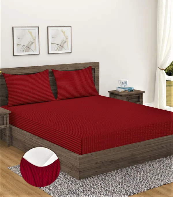 _300TC_Microfibre_Maroon_Satin_Striped_Elastic_Fitted_Double_Bedsheet_with_2_King_Size_Pillow_Covers,_Fit_for_Mattress:_72"X75"_&_72"X78"