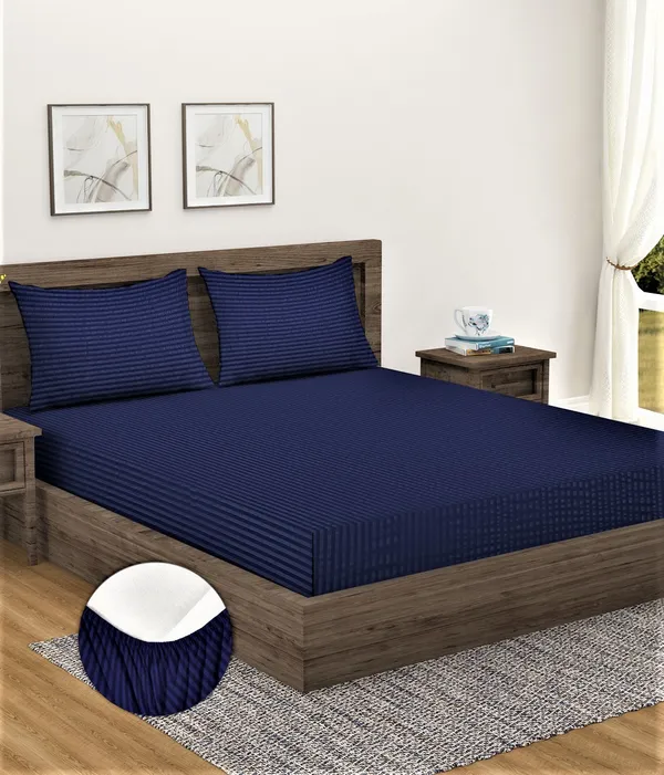 _300TC_Microfibre_Blue_Satin_Striped_Elastic_Fitted_Double_Bedsheet_with_2_King_Size_Pillow_Covers,_Fit_for_Mattress:_72"X75"_&_72"X78"