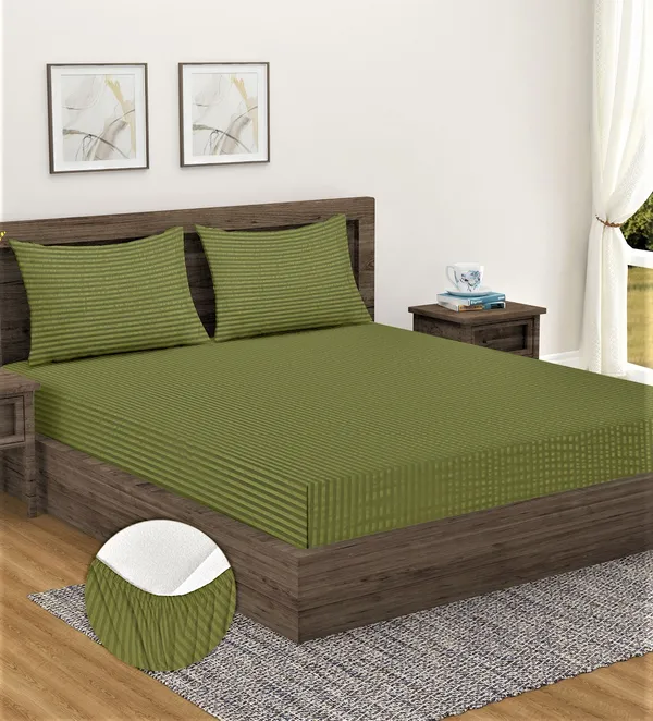 _300TC_Microfibre_Green_Satin_Striped_Elastic_Fitted_Double_Bedsheet_with_2_King_Size_Pillow_Covers,_Fit_for_Mattress:_72"X75"_&_72"X78"