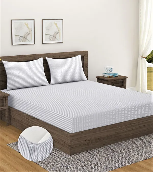 _300TC_Microfibre_White_Satin_Striped_Elastic_Fitted_Double_Bedsheet_with_2_King_Size_Pillow_Covers,_Fit_for_Mattress:_72"X75"_&_72"X78"