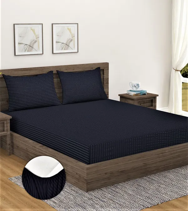 _300TC_Microfibre_Black_Satin_Striped_Elastic_Fitted_Double_Bedsheet_with_2_King_Size_Pillow_Covers,_Fit_for_Mattress:_72"X75"_&_72"X78"