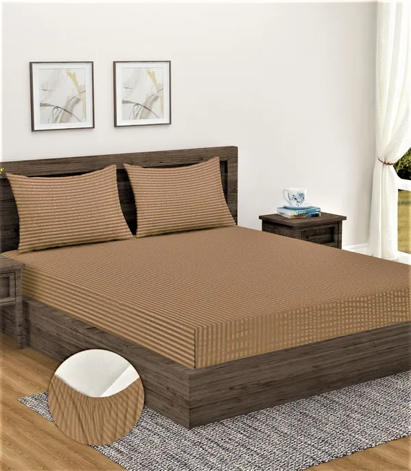 _300TC_Microfibre_Beige_Satin_Striped_Elastic_Fitted_Double_Bedsheet_with_2_King_Size_Pillow_Covers,_Fit_for_Mattress:_72"X75"_&_72"X78"