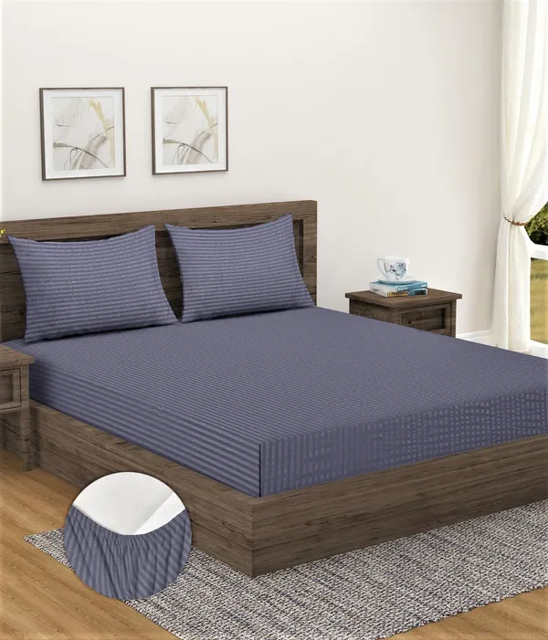 _300TC_Microfibre_Grey_Satin_Striped_Elastic_Fitted_Double_Bedsheet_with_2_King_Size_Pillow_Covers,_Fit_for_Mattress:_72"X75"_&_72"X78"