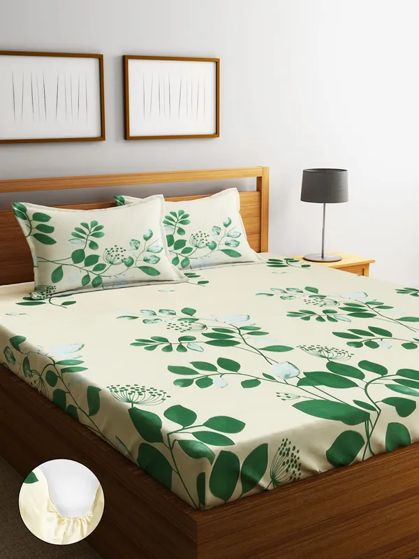 _144TC_Nature_Embrace_Lush_Green_Elastic_Fitted_Double_Bedsheet_with_2_King_Size_Pillow_Covers,_Fit_for_Mattress:_72"X75"_&_72"X78"
