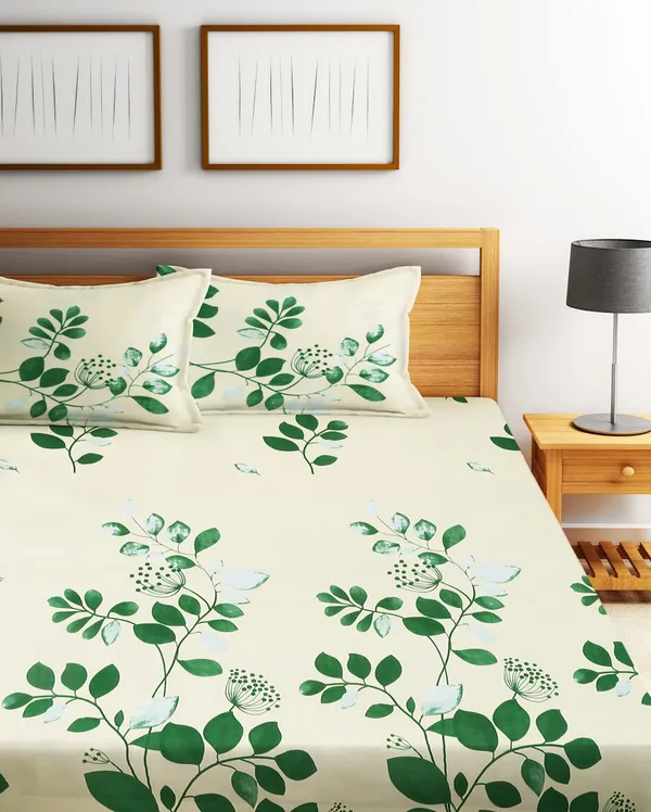 _144TC_Nature_Embrace_Lush_Green_Elastic_Fitted_Double_Bedsheet_with_2_King_Size_Pillow_Covers,_Fit_for_Mattress:_72"X75"_&_72"X78"