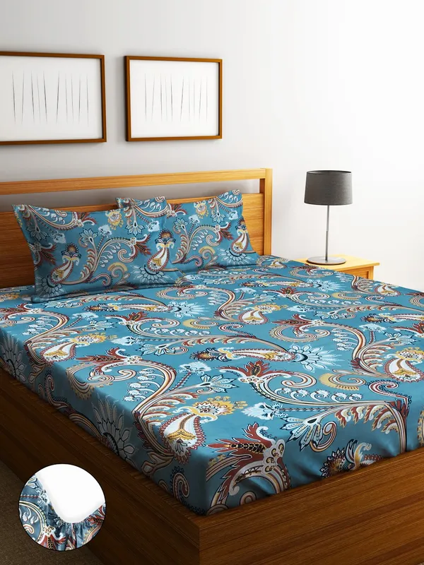 _144TC_Artistic_Dreams_Teal_Blue_Elastic_Fitted_Double_Bedsheet_with_2_King_Size_Pillow_Covers,_Fit_for_Mattress:_72"X75"_&_72"X78"