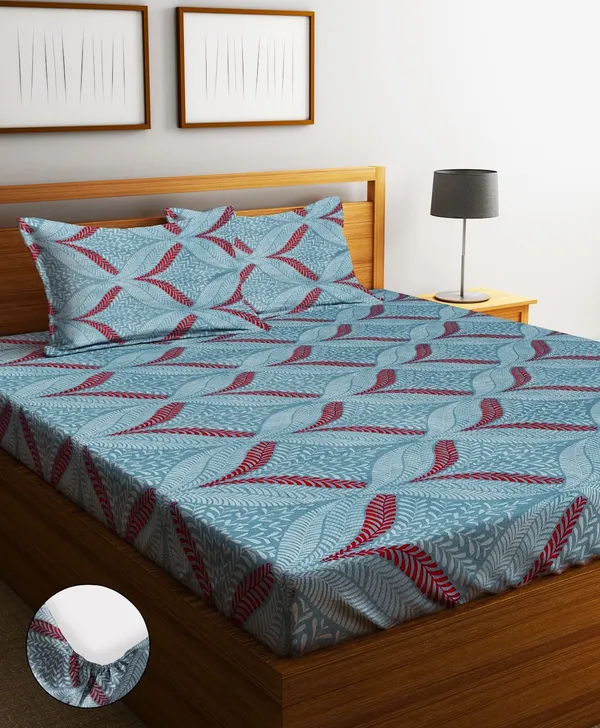 _144TC_Vibrant_Vines_Baby_Blue_Elastic_Fitted_Double_Bedsheet_with_2_King_Size_Pillow_Covers,_Fit_for_Mattress:_72"X75"_&_72"X78"