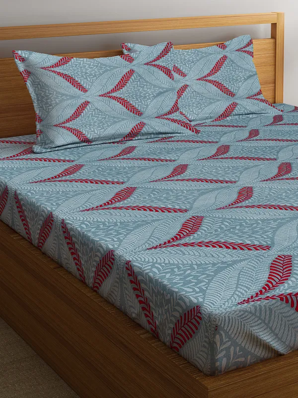 _144TC_Vibrant_Vines_Baby_Blue_Elastic_Fitted_Double_Bedsheet_with_2_King_Size_Pillow_Covers,_Fit_for_Mattress:_72"X75"_&_72"X78"