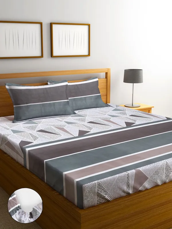 _144TC_Geometrical_Multicolor_Elastic_Fitted_Double_Bedsheet_with_2_King_Size_Pillow_Covers,_Fit_for_Mattress:_72"X75"_&_72"X78"
