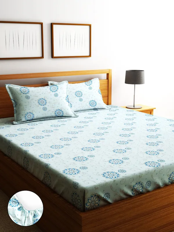 _144TC_Daisy_Dreams_Floral_Elastic_Fitted_Double_Bedsheet_with_2_King_Size_Pillow_Covers,_Fit_for_Mattress:_72"X75"_&_72"X78"