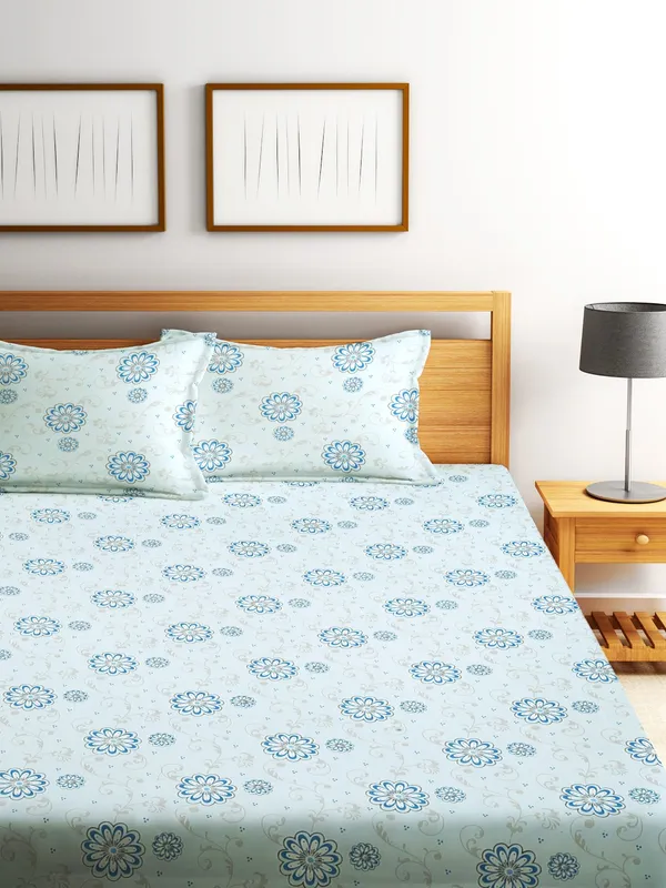 _144TC_Daisy_Dreams_Floral_Elastic_Fitted_Double_Bedsheet_with_2_King_Size_Pillow_Covers,_Fit_for_Mattress:_72"X75"_&_72"X78"