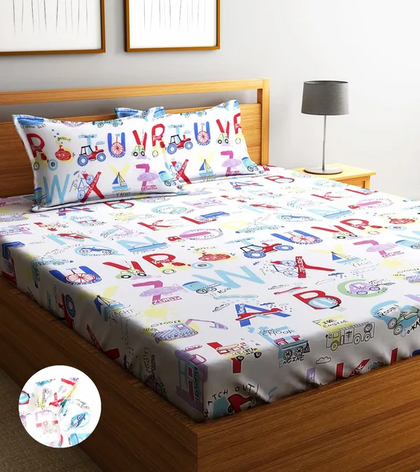 Home_Sizzler_144TC_Microfibre_Kid's_Alphabetical_Cartoon_Elastic_Fitted_Double_Bedsheet_with_2_King_Size_Pillow_Covers