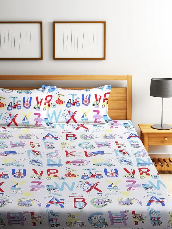 Home_Sizzler_144TC_Microfibre_Kid's_Alphabetical_Cartoon_Elastic_Fitted_Double_Bedsheet_with_2_King_Size_Pillow_Covers