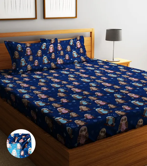 Home_Sizzler_144TC_Microfibre_Kid's_Owl_Elastic_Fitted_Double_Bedsheet_with_2_King_Size_Pillow_Covers