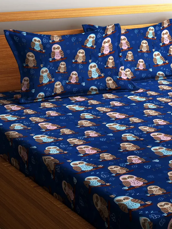 Home_Sizzler_144TC_Microfibre_Kid's_Owl_Elastic_Fitted_Double_Bedsheet_with_2_King_Size_Pillow_Covers