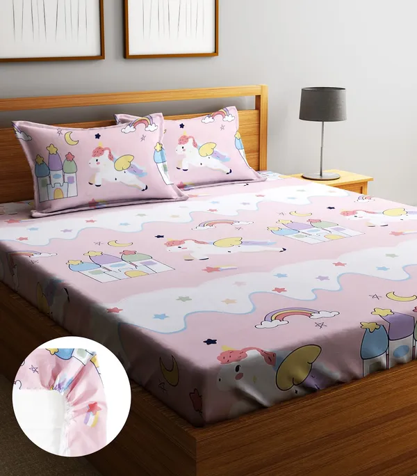 Home_Sizzler_144TC_Microfibre_Kid's_Unicorn_Elastic_Fitted_Double_Bedsheet_with_2_King_Size_Pillow_Covers