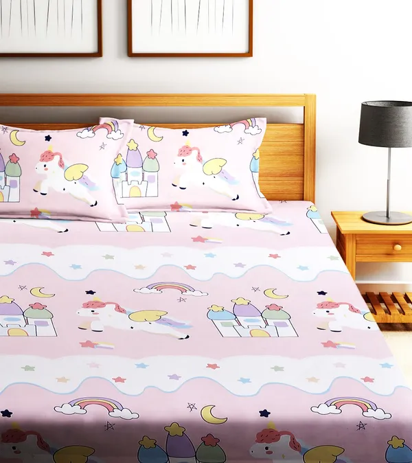 Home_Sizzler_144TC_Microfibre_Kid's_Unicorn_Elastic_Fitted_Double_Bedsheet_with_2_King_Size_Pillow_Covers
