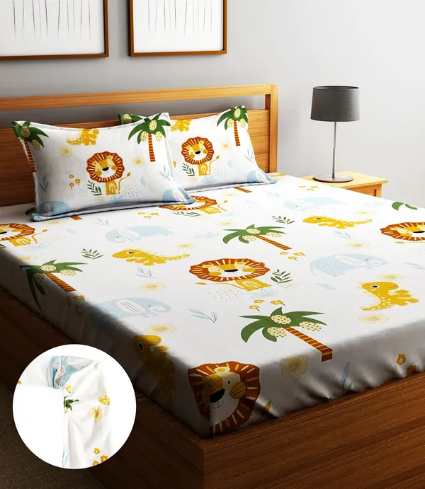Home_Sizzler_144TC_Kid's_Lion's_Haven_Elastic_Fitted_Double_Bedsheet_(72X78_Inch)_With_2_King_Size_Pillow_Covers