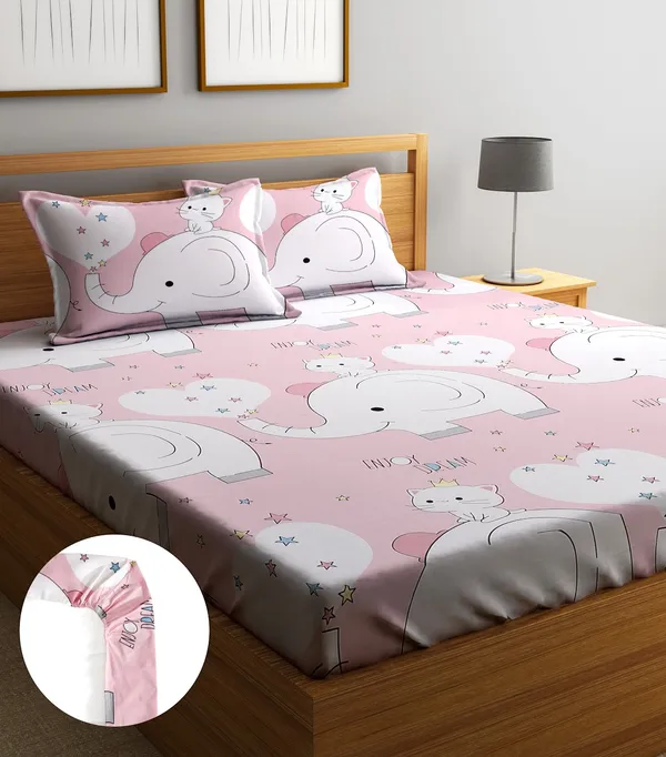 Home_Sizzler_144TC_Kid's_Elephant_&_Kitty_Elastic_Fitted_Double_Bedsheet_(72X78_Inch)_With_2_King_Size_Pillow_Covers