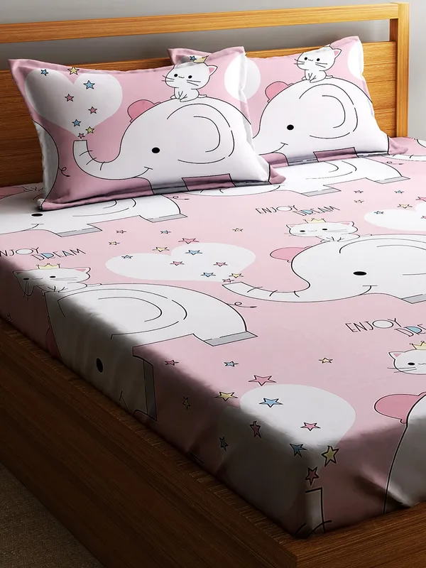 Home_Sizzler_144TC_Kid's_Elephant_&_Kitty_Elastic_Fitted_Double_Bedsheet_(72X78_Inch)_With_2_King_Size_Pillow_Covers
