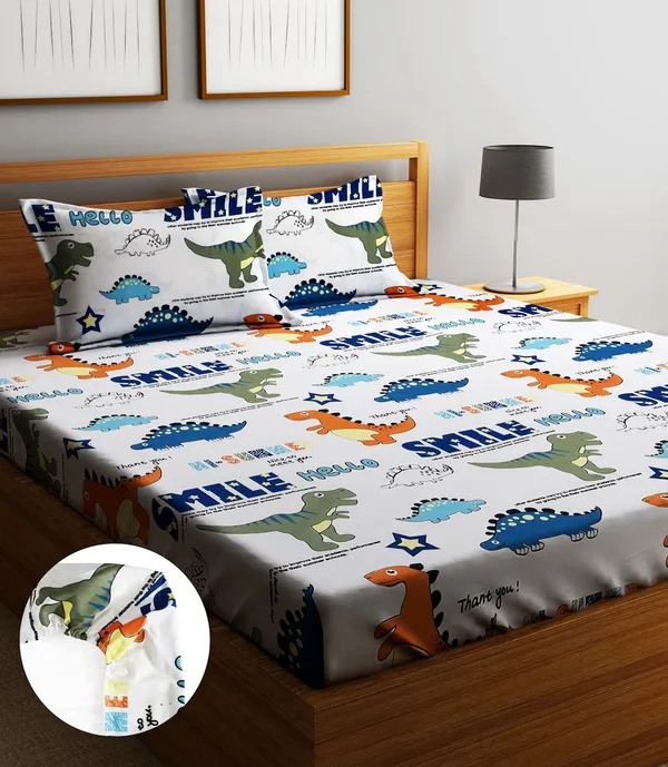 Home_Sizzler_144TC_Kid's_Dinosours_Elastic_Fitted_Double_Bedsheet_(72X78_Inch)_With_2_King_Size_Pillow_Covers