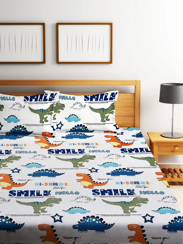 Home_Sizzler_144TC_Kid's_Dinosours_Elastic_Fitted_Double_Bedsheet_(72X78_Inch)_With_2_King_Size_Pillow_Covers