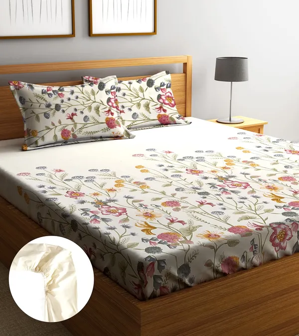 Home_Sizzler_144TC_Garden_Grace_Elastic_Fitted_Double_Bedsheet_(72X78_Inch)_With_2_King_Size_Pillow_Covers