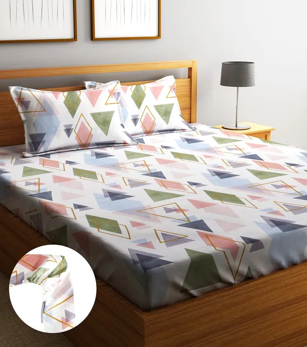 Home_Sizzler_144TC_Triangle_Mosaic's__Elastic_Fitted_Double_Bedsheet_(72X78_Inch)_With_2_King_Size_Pillow_Covers