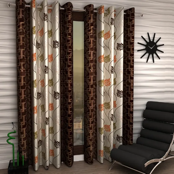 2_Pieces_Floral_Eyelet_Polyester_Curtains_-_Brown