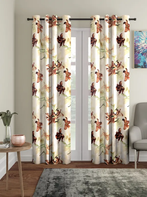 2_Pieces_3D_Flower_Eyelet_Polyester_Curtains_-_Brown