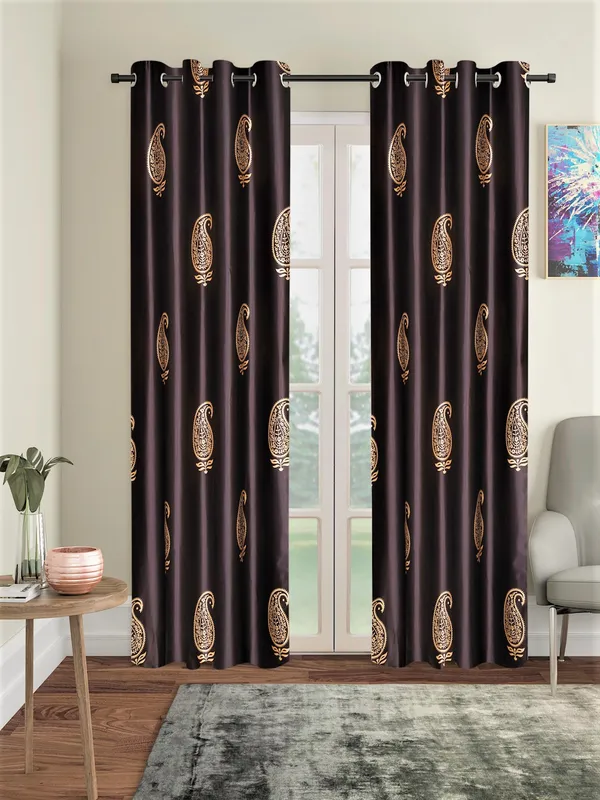 2_Pieces_Hand_Block_Gold_Paisley_Printed_Eyelet_Polyester_Curtains-_Brown