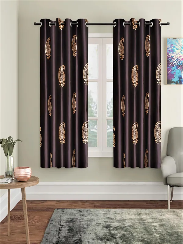 2_Pieces_Hand_Block_Gold_Paisley_Printed_Eyelet_Polyester_Curtains_-_Brown