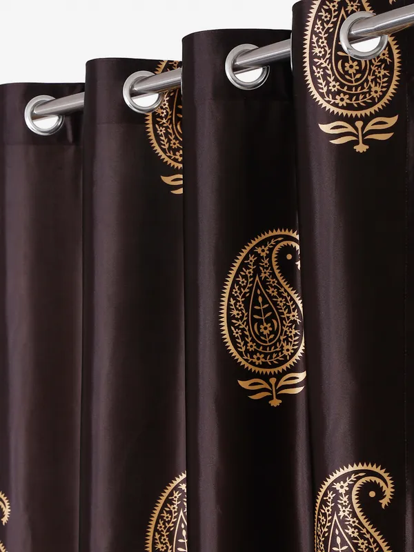2_Pieces_Hand_Block_Gold_Paisley_Printed_Eyelet_Polyester_Curtains_-_Brown