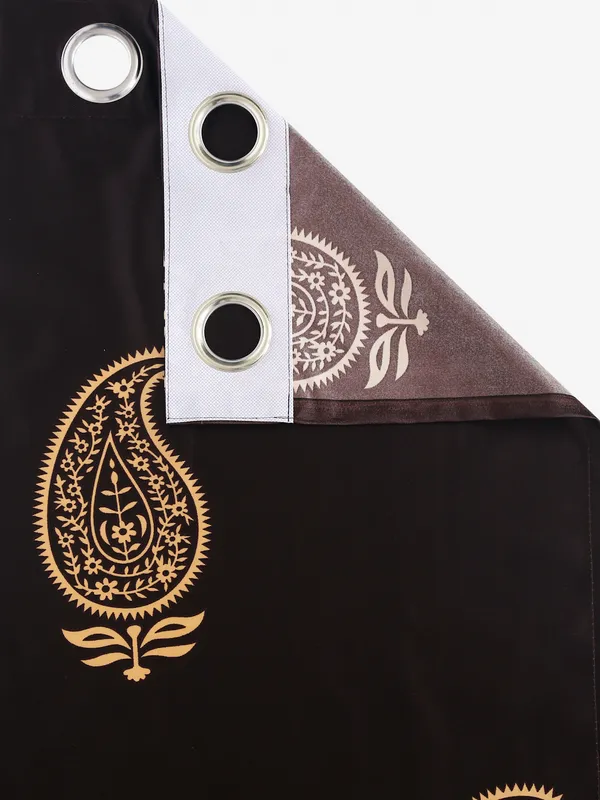 2_Pieces_Hand_Block_Gold_Paisley_Printed_Eyelet_Polyester_Curtains_-_Brown
