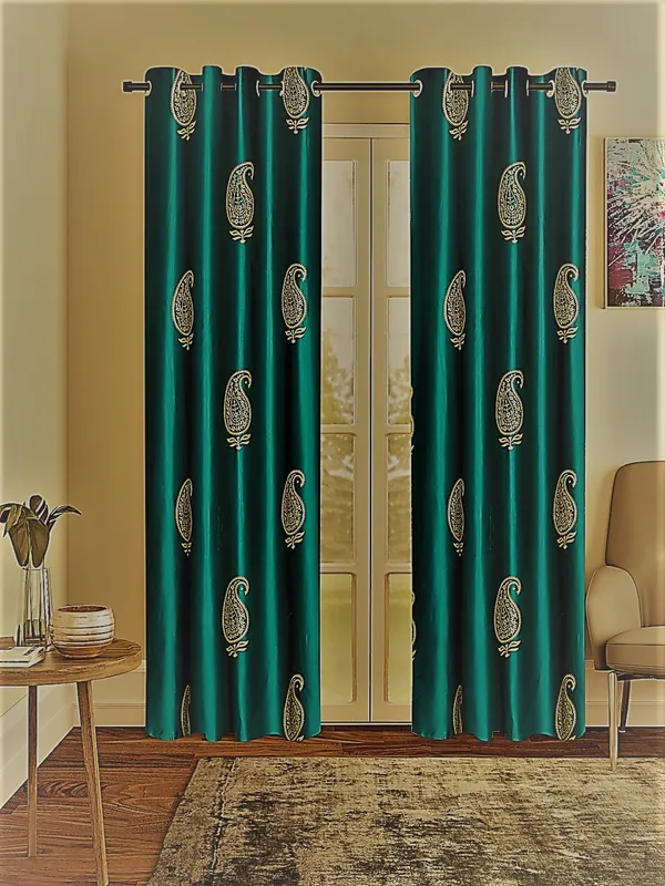 2_Pieces_Hand_Block_Gold_Paisley_Printed_Eyelet_Polyester_Curtains-Turquoise_Green