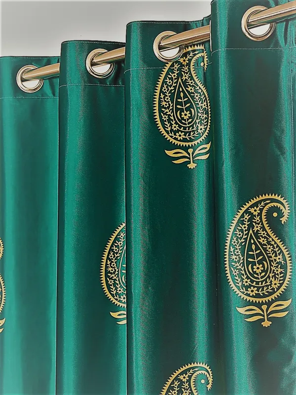 2_Pieces_Hand_Block_Gold_Paisley_Printed_Eyelet_Polyester_Curtains-Turquoise_Green