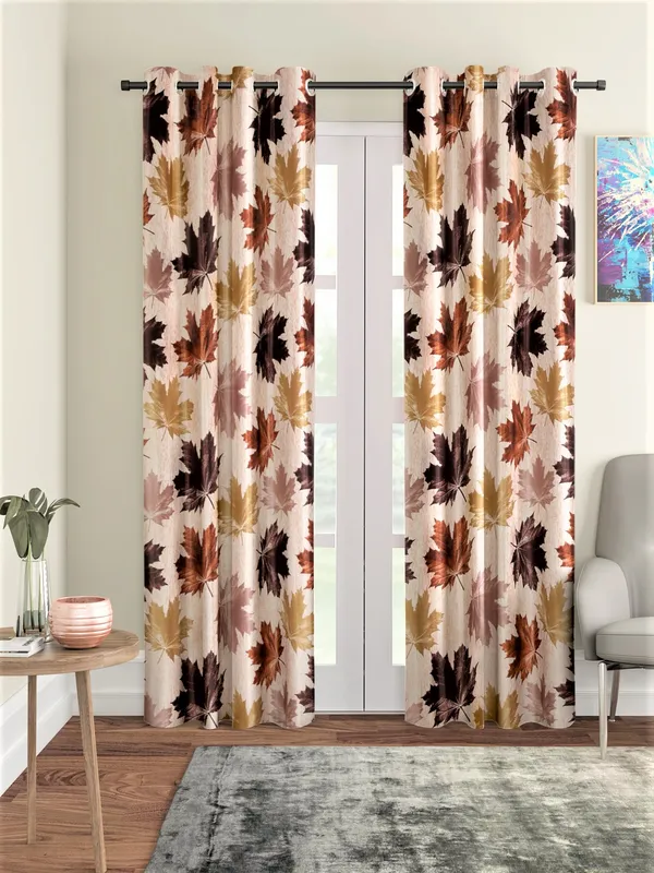 2_Pieces_3D_Maple_Eyelet_Polyester_Curtains_-_Brown